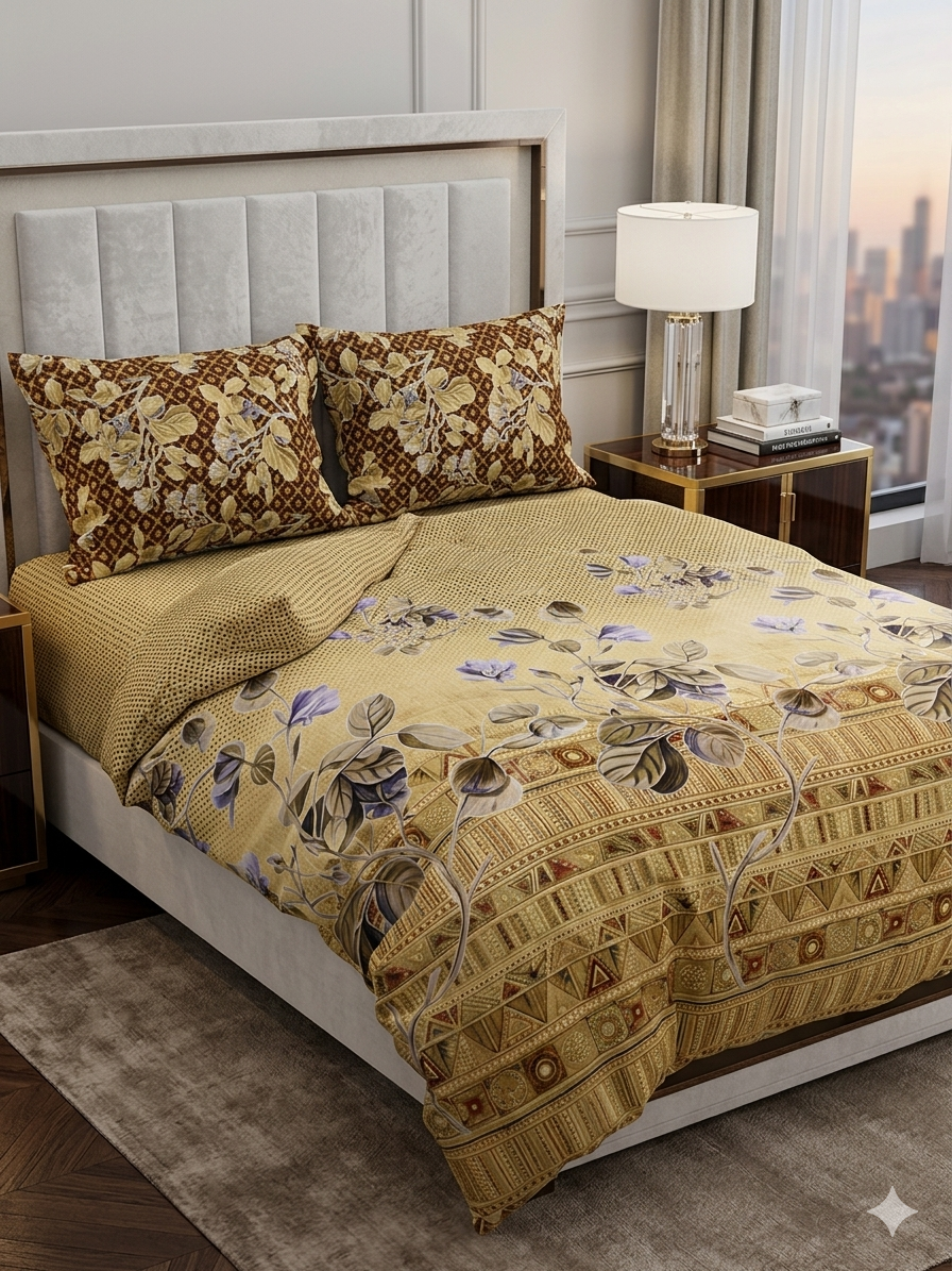 Indra's Royal Touch Premium 100% Cotton Designer King Size Bedsheet Set with 2 Co-ordinated Pillow Covers