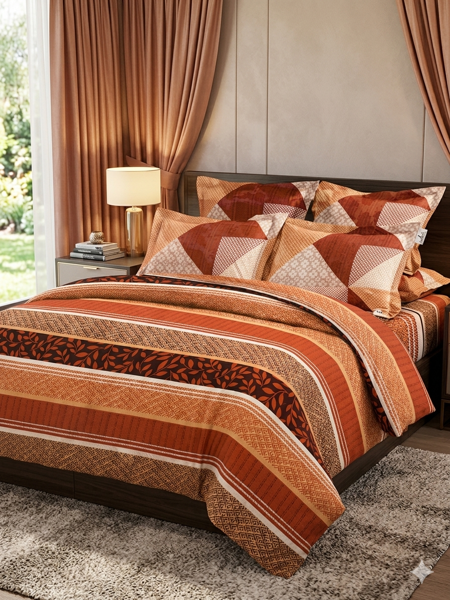 Premium 100% Cotton King Size Geometric and Floral Striped Bedsheet Set (108" x 108") with 2 Matching Pillow Covers – Warm Rust &amp; Earthy Brown