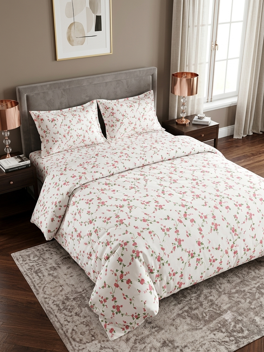 Blossom Vine Floral Bedsheet Set with 2 Pillow Covers – 100% Cotton