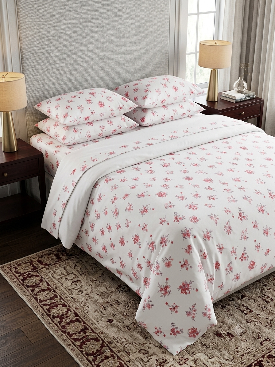 Indra's Premium 100% Cotton Double Bedsheet Set with 2 Pillow Covers – Pink Floral Elegance